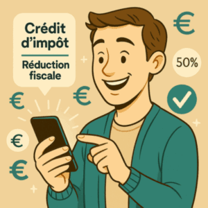 Illustration d’un homme souriant consultant son smartphone. Autour de lui flottent des icônes représentant les avantages fiscaux des services à la personne : crédit d’impôt, réduction fiscale, symbole 50 %, euros et coche verte. L’image évoque une découverte positive et rassurante.