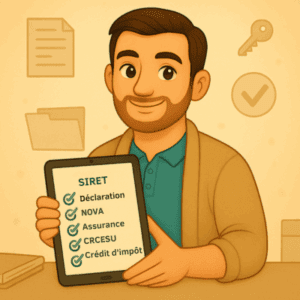 `Illustration d’un homme souriant tenant une tablette affichant une checklist administrative : SIRET, Déclaration, NOVA, Assurance, CRSEU,