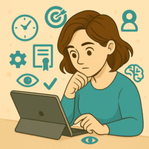 Illustration d’une femme concentrée lisant sur une tablette. Autour d’elle flottent des icônes représentatives des éléments clés d’une formation : horloge, cible, certificat, cerveau, accessibilité, profil utilisateur, œil et coche. L’image souligne l’importance de lire attentivement les informations pédagogiques.