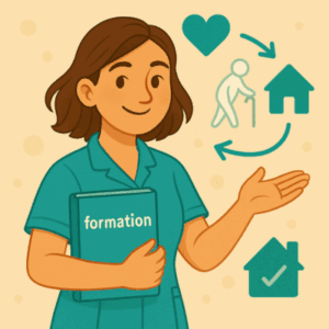 Illustration d’une professionnelle en tenue turquoise tenant un dossier de formation. Autour d’elle : des pictogrammes symbolisant les services à la personne (aide à domicile, cœur, personne âgée). L’image évoque le lancement d’une activité dans un cadre structuré et humain.