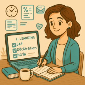Illustration d’une femme suivant une formation e-learning sur les démarches administratives et fiscales liées aux services à la personne. Elle prend des notes devant un ordinateur affichant les étapes : e-learning, déclaration, NOVA. Ambiance studieuse, moderne et rassurante.