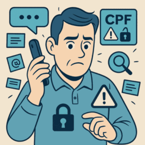 Illustration d’un homme regardant son téléphone avec méfiance, entouré d’icônes représentant des alertes à la fraude CPF : messages suspects, point d’exclamation, documents douteux et cadenas. L’image évoque la prudence à adopter face aux arnaques liées au Compte Personnel de Formation.