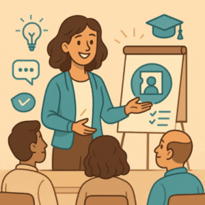 Illustration d’une formatrice adulte animant une session de formation. Elle présente des contenus pédagogiques à un groupe d’apprenants adultes assis, avec un paperboard et des pictogrammes autour d’elle : ampoule, diplôme, checklist. L’image évoque une ambiance dynamique et professionnelle de formation.