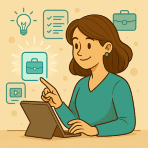 Illustration d’une femme en train de choisir une formation sur tablette pour créer son entreprise. Elle pointe une fiche mise en valeur parmi d’autres, représentant le bon choix. Autour d’elle : pictogrammes d’ampoule, checklist, mallette et capsule de formation. L’image évoque une sélection réfléchie et positive.