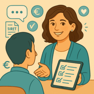 Illustration d’une consultante professionnelle discutant avec un auto-entrepreneur. Elle tient une tablette affichant une checklist, entourée de pictogrammes : document SIRET, euro, coche, bulle de dialogue et cœur. L’image évoque un accompagnement personnalisé, humain et structuré pour se lancer en auto-entreprise.