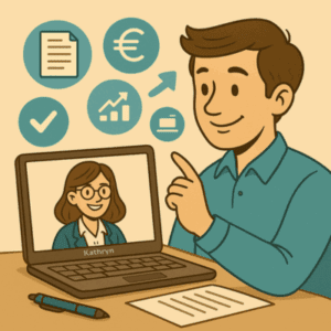 Illustration d’un auto-entrepreneur en visioconférence avec une consultante professionnelle. Autour de l’écran flottent des pictogrammes représentant les thématiques abordées : document administratif, euro, graphique de croissance, bouclier pour protection sociale et coche légale. L’image évoque un accompagnement structuré et sur mesure.