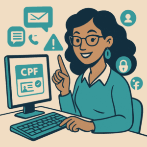 Illustration d’une femme souriante devant un ordinateur affichant le site CPF, levant le doigt pour signaler un conseil. Autour d’elle flottent des pictogrammes d’alerte, cadenas, messages, réseaux sociaux et sécurité. L’image souligne l’importance de la vigilance face aux fraudes sur le Compte Personnel de Formation.
