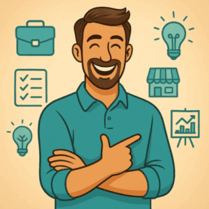 Illustration d’un homme souriant en polo turquoise, les bras croisés et le doigt pointé vers lui-même. Autour de lui flottent des pictogrammes liés à l’entrepreneuriat : mallette, checklist, ampoule, boutique, graphique de croissance. L’image incarne l’élan et la confiance de quelqu’un qui se lance dans la création d’entreprise.