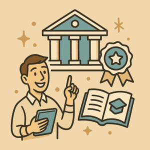 Illustration représentant un parcours académique en formation avec un formateur souriant tenant une tablette. Autour de lui : un bâtiment universitaire stylisé, un livre ouvert et une médaille de certification. L’image évoque l’obtention de diplômes universitaires ou de spécialisations dans la formation.