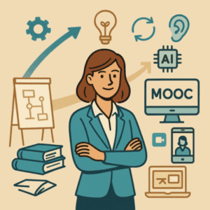 Illustration d’un formateur debout entre deux univers : à gauche des outils traditionnels de formation, à droite des technologies modernes comme l’intelligence artificielle et les plateformes numériques. Une frise en arrière-plan symbolise l’évolution du métier.