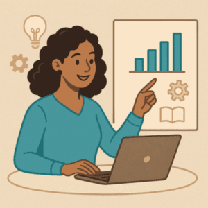 Illustration d’un formateur adulte devant un tableau interactif, sélectionnant des outils numériques symbolisés par des icônes flottantes (quiz, vidéo, badge, LMS), représentant le choix raisonné des outils pédagogiques dans un parcours de formation digital.