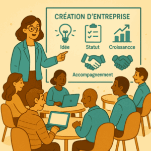 Illustration d’une session de formation réunissant plusieurs adultes autour de tables, animée par un formateur qui présente les étapes de la création d’entreprise sur un tableau : idée, statut juridique, développement, accompagnement. L’ambiance visuelle évoque un apprentissage structuré, professionnel et collaboratif.
