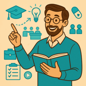 Illustration d’un formateur adulte souriant tenant un livre ouvert et pointant une idée. Autour de lui flottent des icônes pédagogiques : graduation cap, participants, capsule de formation, liste d’objectifs, lumière, vidéo. L’image évoque les pratiques et évolutions de la formation de formateurs.