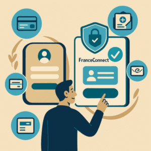 Illustration représentant deux interfaces numériques : une standard et une renforcée avec un pictogramme de sécurité. Autour flottent des icônes de carte bancaire, dossier médical et lettre recommandée. L’image illustre les différences entre FranceConnect et FranceConnect+ pour accéder aux services sensibles avec une sécurité accrue.