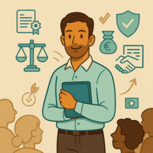 Illustration d’un formateur souriant tenant une tablette, entouré d’icônes évoquant la législation, la certification Qualiopi, la transparence, et le financement dans un univers graphique beige et turquoise.