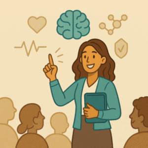 Illustration d’une formatrice souriante expliquant les apports des neurosciences à des adultes en formation, avec des icônes représentant le cerveau, le cœur, les ondes cérébrales et les molécules