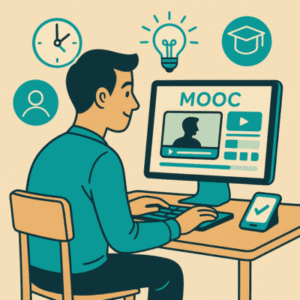 Illustration d’un homme adulte suivant un MOOC sur son ordinateur depuis son bureau. L’écran affiche une interface de formation en ligne avec vidéo, progression et modules. Des icônes autour de lui représentent la flexibilité, l’apprentissage autonome et la formation à distance.
