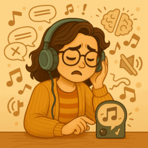 Illustration d’une formatrice déconcertée, tenant un casque audio et regardant une source sonore avec inquiétude, représentant les risques d’un mauvais usage de la musique en formation e-learning : paroles, volume trop fort ou ambiance inappropriée.