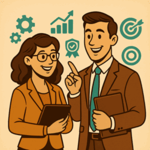 Illustration d’un homme et d’une femme debout côte à côte dans un environnement professionnel. L’un tient une tablette, l’autre désigne des pictogrammes représentant la montée en compétences : engrenage, graphique de progression, badge de formation et cible. L’image évoque le développement des compétences techniques des collaborateurs en entreprise.