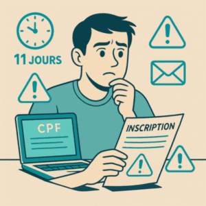 Illustration d’un homme préoccupé consultant un document d’inscription CPF avec un symbole d’alerte, entouré d’icônes représentant le délai de 11 jours, une enveloppe et un panneau attention. L’image évoque la réaction à adopter en cas de fraude sur le Compte Personnel de Formation.