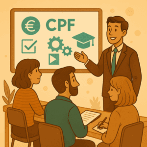 Illustration d’un formateur expliquant à un groupe d’adultes comment financer une formation à la création d’entreprise avec le CPF. Sur un écran figurent des pictogrammes de financement, diplôme, checklist et euro. L’image évoque l’accès à la formation professionnelle via le Compte Personnel de Formation.