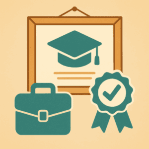 Illustration d’un diplôme encadré avec un pictogramme de toque de diplômé, accompagné d’une mallette professionnelle et d’un ruban de certification. L’image symbolise l’obtention du titre professionnel FPA, gage de reconnaissance et de qualification en tant que formateur.