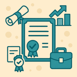 Illustration représentant la validation des acquis de l’expérience (VAE) : un certificat officiel entouré d’un diplôme roulé, d’une mallette professionnelle, d’un graphique de progression et de médailles. L’image illustre l’obtention d’un diplôme en valorisant l’expérience acquise.
