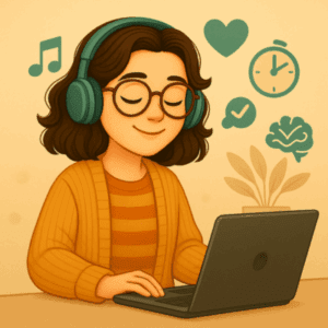 Illustration d’une formatrice concentrée écoutant de la musique douce au casque tout en travaillant sur son ordinateur portable, illustrant les bienfaits d’une ambiance sonore calme pour l’apprentissage en e-learning.