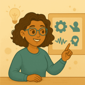 Illustration d’une formatrice souriante présentant les bonnes pratiques d’usage de la voix IA, avec des icônes pédagogiques (paramètre, oreille, onde sonore, empathie) sur fond beige et turquoise.