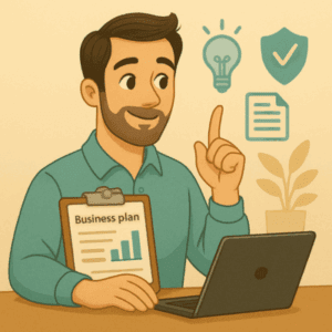 Illustration d’un homme expliquant les démarches clés pour se lancer en tant qu’indépendant, tenant un plan d’affaires et pointant une ampoule symbolisant la compréhension des statuts, contrats et obligations.