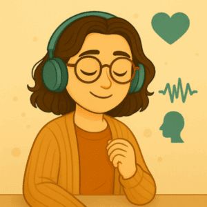 Illustration représentant une apprenante qui écoute une vidéo avec une voix IA