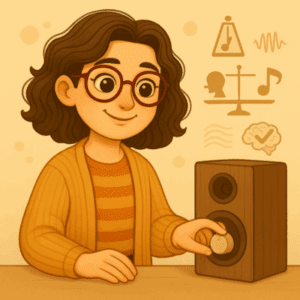 Illustration d’une femme ajustant calmement le volume d’un haut-parleur, entourée de symboles comme un métronome, une balance audio, des ondes sonores douces et un cerveau validé, représentant l’équilibre sonore idéal pour la formation e-learning