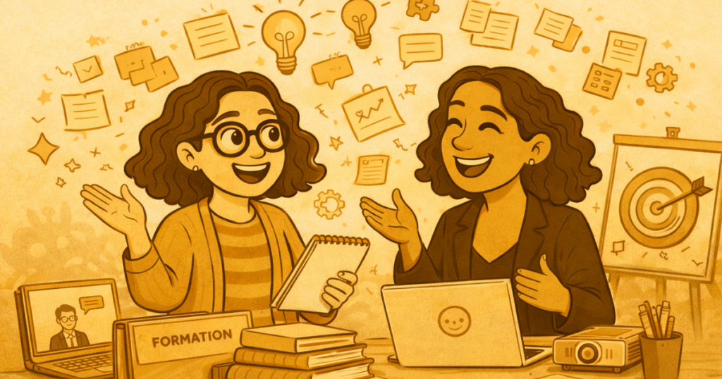 Deux formatrices discutent joyeusement autour d’un ordinateur, dans un environnement de travail chaleureux et collaboratif.