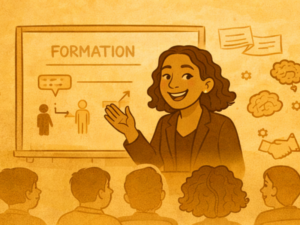 Formatrice présente les rôles du formateur et les bases de l’apprentissage chez l’adulte