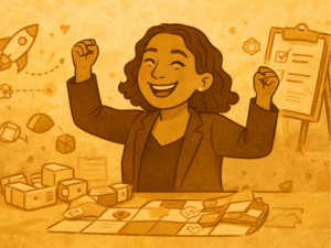 Formatrice souriante finalise un jeu pédagogique et célèbre une réussite