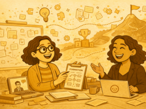 Deux formatrices discutent d’un parcours de formation illustré avec des étapes et un objectif final