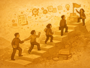 Des formateurs gravissent des marches guidés par une formatrice vers un objectif symbolisé par un drapeau