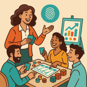 Illustration d’un formateur animant un atelier avec des supports ludiques comme des cartes et des dés. Des adultes participent activement. En arrière-plan, un badge personnalisé ou une empreinte symbolise la signature pédagogique unique du formateur.