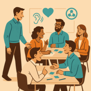 Illustration d’un formateur circulant entre deux tables de participants adultes en pleine discussion. Des pictogrammes d’écoute, de cœur et de groupe flottent à l’arrière-plan pour symboliser l’attention, la bienveillance et la dynamique d’animation pédagogique.