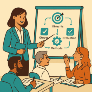 Illustration d’une formatrice présentant un schéma pédagogique à des apprenants adultes. Autour d’elle, des participants interagissent et prennent des notes. Le visuel évoque la conception structurée d’un parcours de formation : objectifs, contenus, méthodes et évaluation.