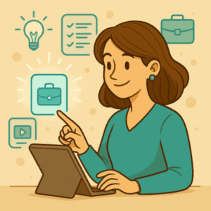 Illustration d’une femme en train de choisir une formation sur tablette pour créer son entreprise. Elle pointe une fiche mise en valeur parmi d’autres, représentant le bon choix. Autour d’elle : pictogrammes d’ampoule, checklist, mallette et capsule de formation. L’image évoque une sélection réfléchie et positive.