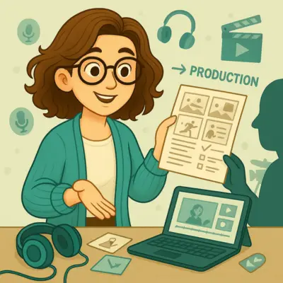 Illustration d’une ingénieure pédagogique freelance transmettant un storyboard à une équipe de production. À son bureau : casque, laptop, pictos de vidéo, micro et scénario. L’image évoque la phase de conception en amont d’une formation en vidéo.