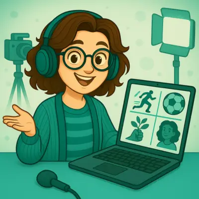 Illustration d’une formatrice freelance animant un module e-learning sur le sport à impact, avec casque audio et laptop affichant des icônes sportives (course, ballon, engagement). Ambiance dynamique et professionnelle.
