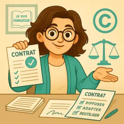 Illustration d’une ingénieure pédagogique freelance présentant un contrat clair de cession de droits. Elle est assise à un bureau avec des documents, une balance symbolisant l’équité, et des mentions comme “diffuser”, “adapter”, “réutiliser”. Ambiance rassurante et professionnelle.