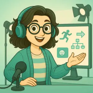 Illustration d’une ingénieure pédagogique freelance animant une vidéo de formation, avec casque, micro et écran montrant des pictogrammes éducatifs. Scène dynamique en studio, évoquant des formations sérieuses mais engageantes.