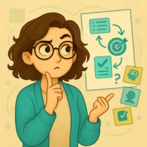 Illustration d’une formatrice freelance interrogative devant un schéma d’ingénierie pédagogique : objectifs, modules, évaluation. Ton curieux et visuel clair pour incarner la réflexion sur la conception de formation.