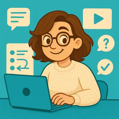 Illustration d’une ingénieure pédagogique en pleine conception de parcours de formation, entourée de supports visuels, quiz et vidéos, pour le service d’ingénierie pédagogique des Plumes Fantastiques.