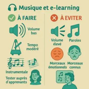 Infographie illustrée listant les bonnes pratiques et erreurs à éviter pour utiliser la musique en e-learning : volume bas, instrumental, éviter paroles et morceaux connus.