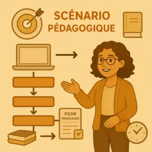 Illustration d’un scénario pédagogique structuré sous forme de schéma visuel, avec des blocs de contenu, des flèches et des outils de formation Formation de formateur occasionnel