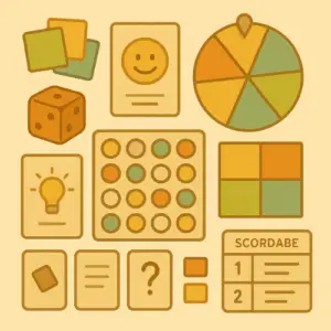 Illustration d’outils d’animation ludopédagogiques utilisés en formation : cartes, dés, jeux, pictogrammes, supports ludiques sur fond neutre Formation de formateur occasionnel